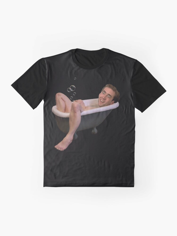 Graphic t-shirt featuring a funny image of Nicholas Cage taking a bath - Flat lay