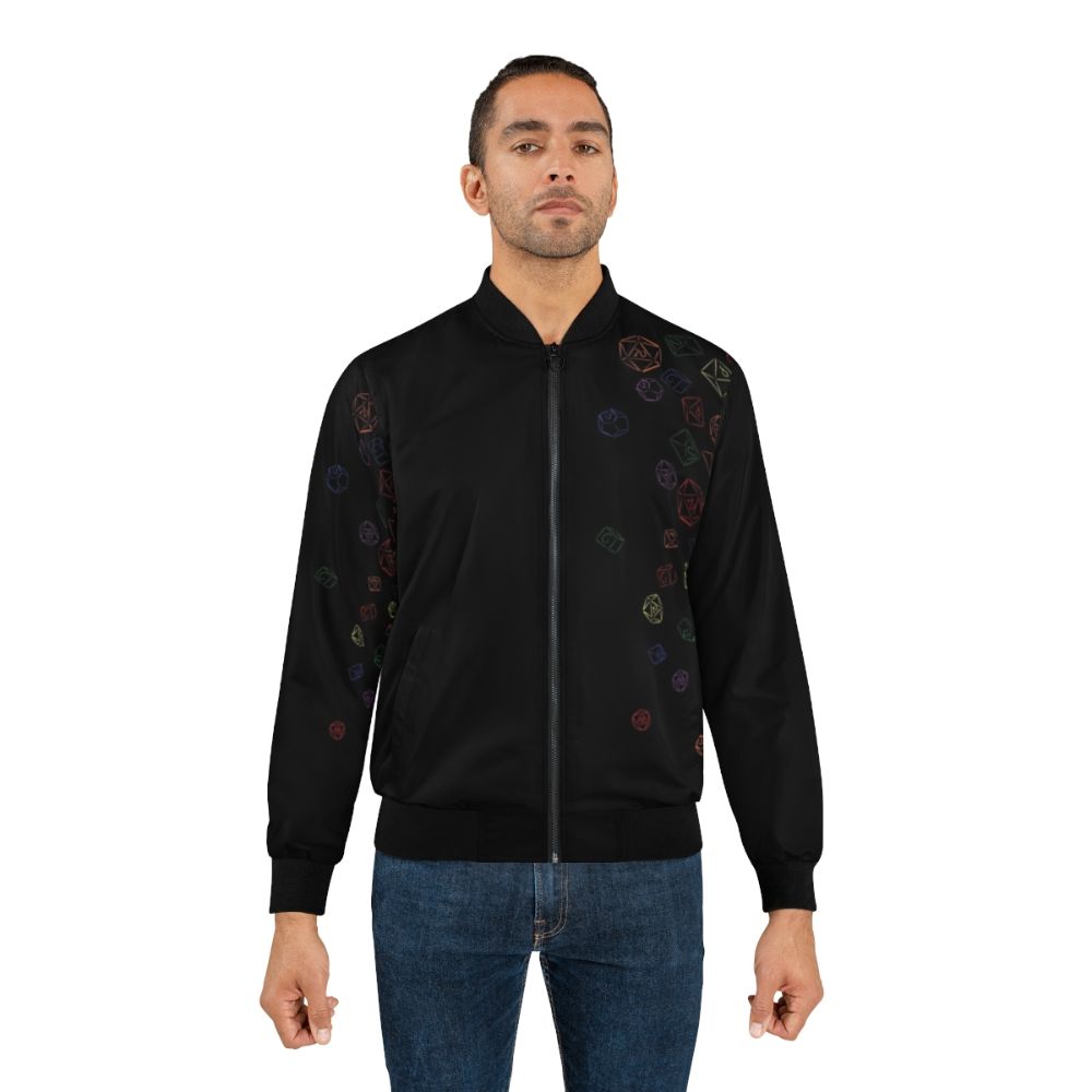 Colorful rainbow-patterned bomber jacket with dice print, ideal for gamers and TTRPG enthusiasts. - Lifestyle