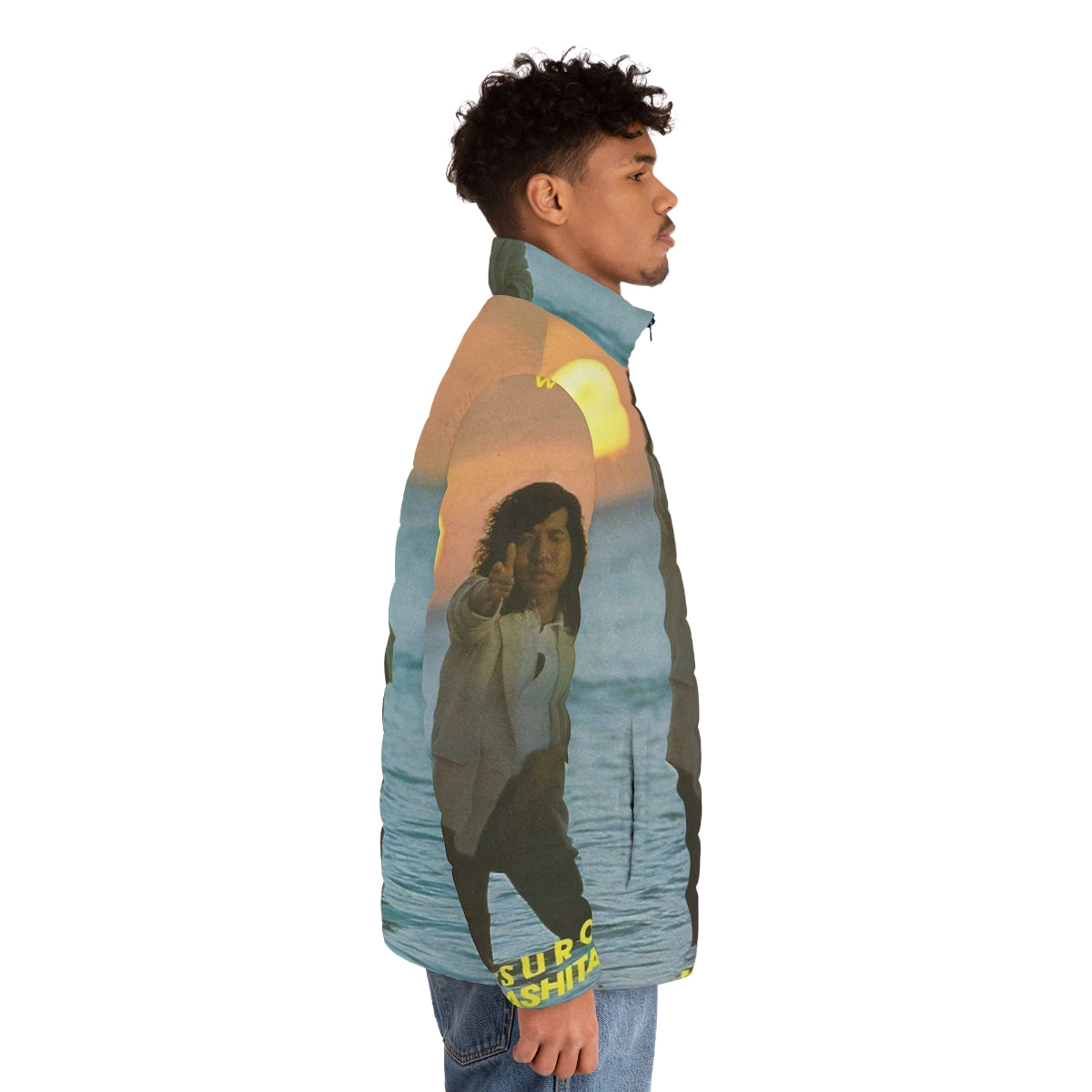 Retro puffer jacket featuring the album cover art for Tatsuro Yamashita's "Ride On Time" - men side right