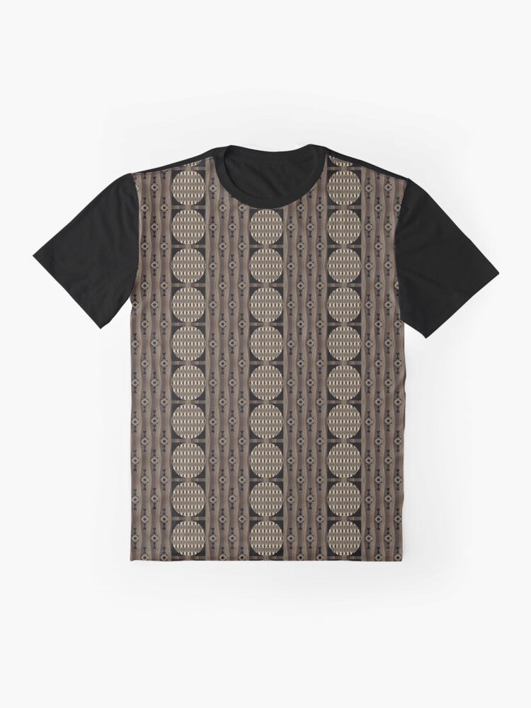 Primal patterns graphic t-shirt in gold, brown, and black colors designed by Helena Tiainen - Flat lay