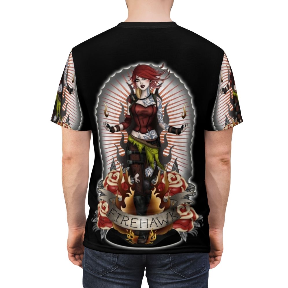 Borderlands Firehawk fan art printed on a high-quality t-shirt - men back