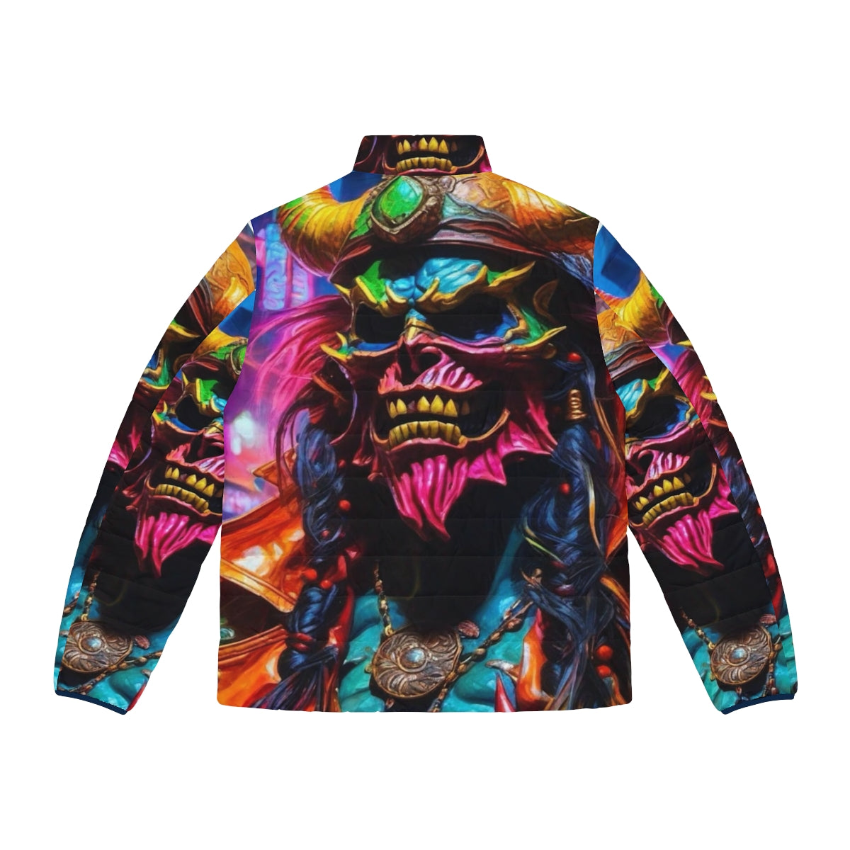 Neon puffer jacket with pirate, demon, and graffiti design - Back