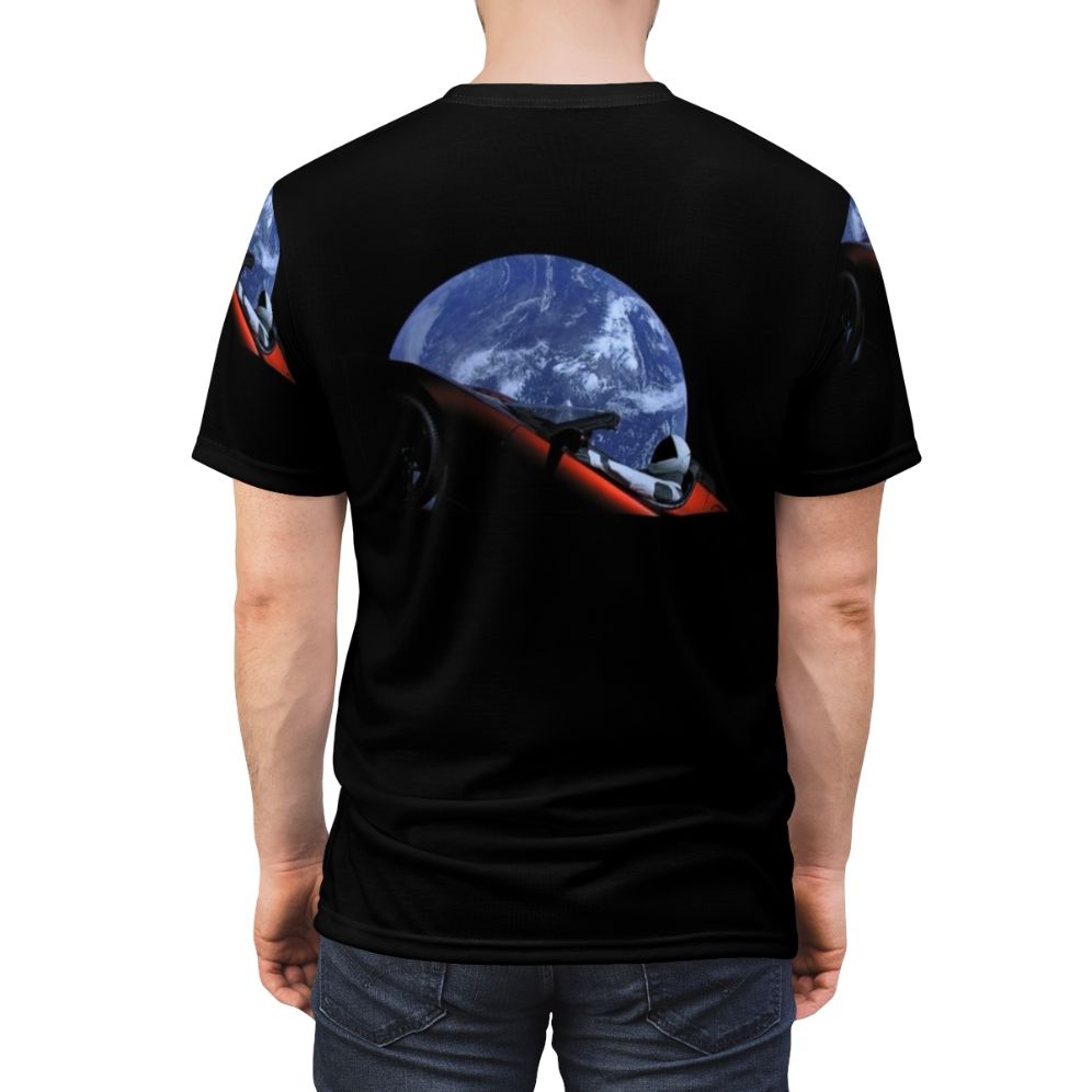 Starman in Tesla Roadster floating in space, custom printed t-shirt design - men back