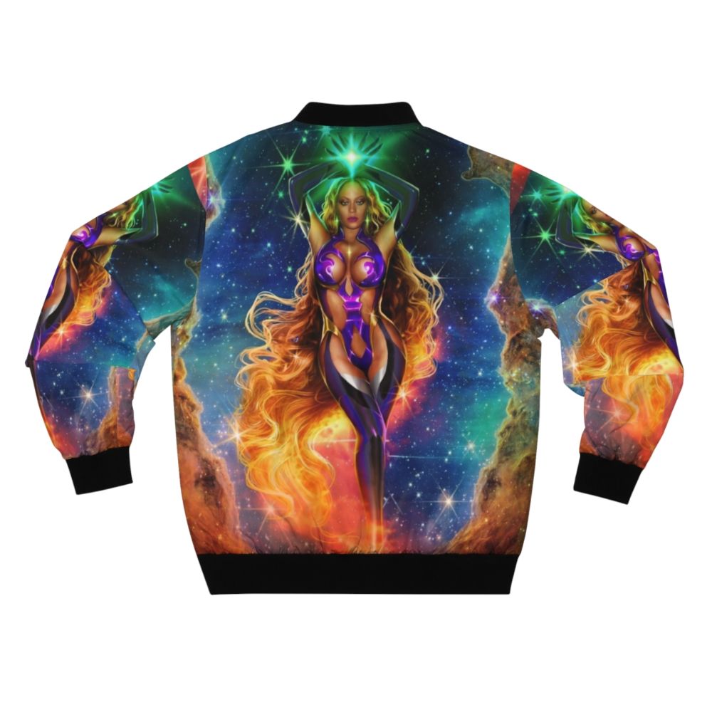 Alien Superstar Bomber Jacket with cosmic design featuring stars, fire, and purple and orange accents - Back