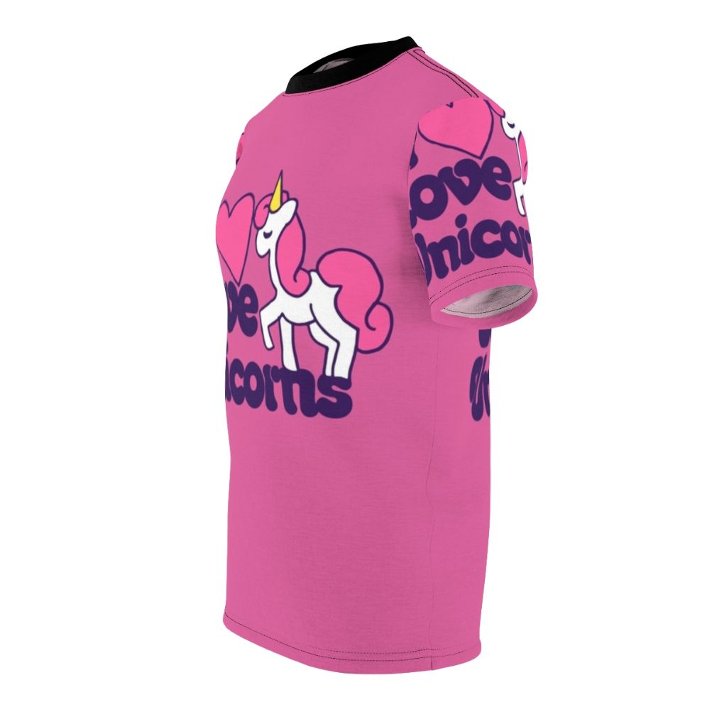 Whimsical t-shirt featuring a vibrant unicorn design in a retro style - men left