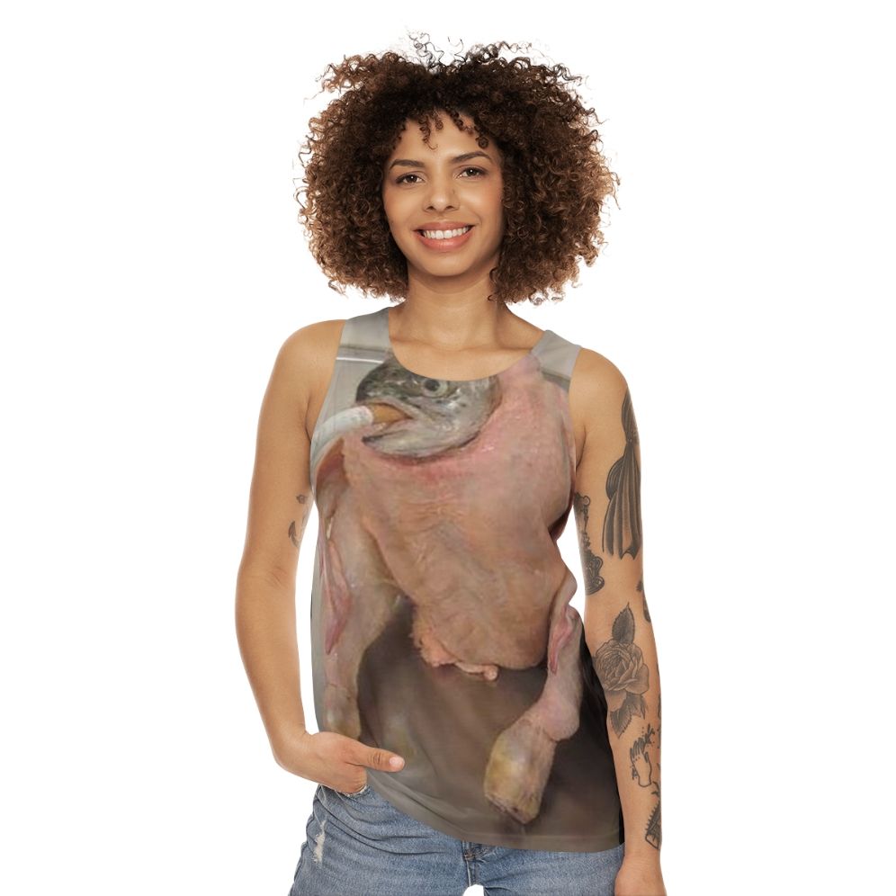 Unisex fish in chicken meme tank top - women