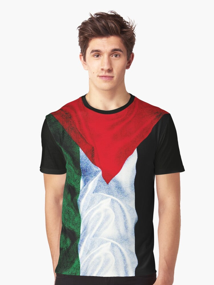 Palestinian flag graphic printed on a t-shirt, featuring the iconic colors and design of the Palestinian national flag. - Men