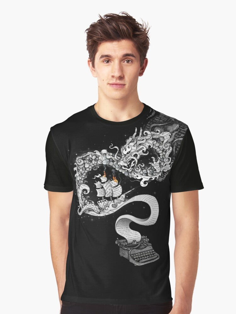 A surreal graphic t-shirt featuring a collage of a dragon, ship, fire, and other fantastical elements, representing the power of unleashed imagination. - Men