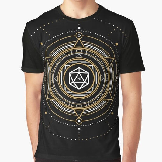 Polyhedral D20 dice with boho geometric symbols on a graphic t-shirt for Dungeons and Dragons fans