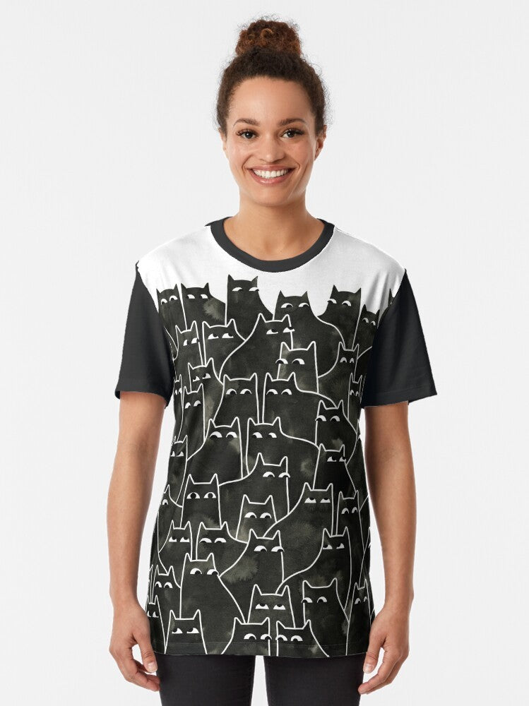 Suspicious cats graphic t-shirt with a black cat pattern in watercolor and ink style - Women