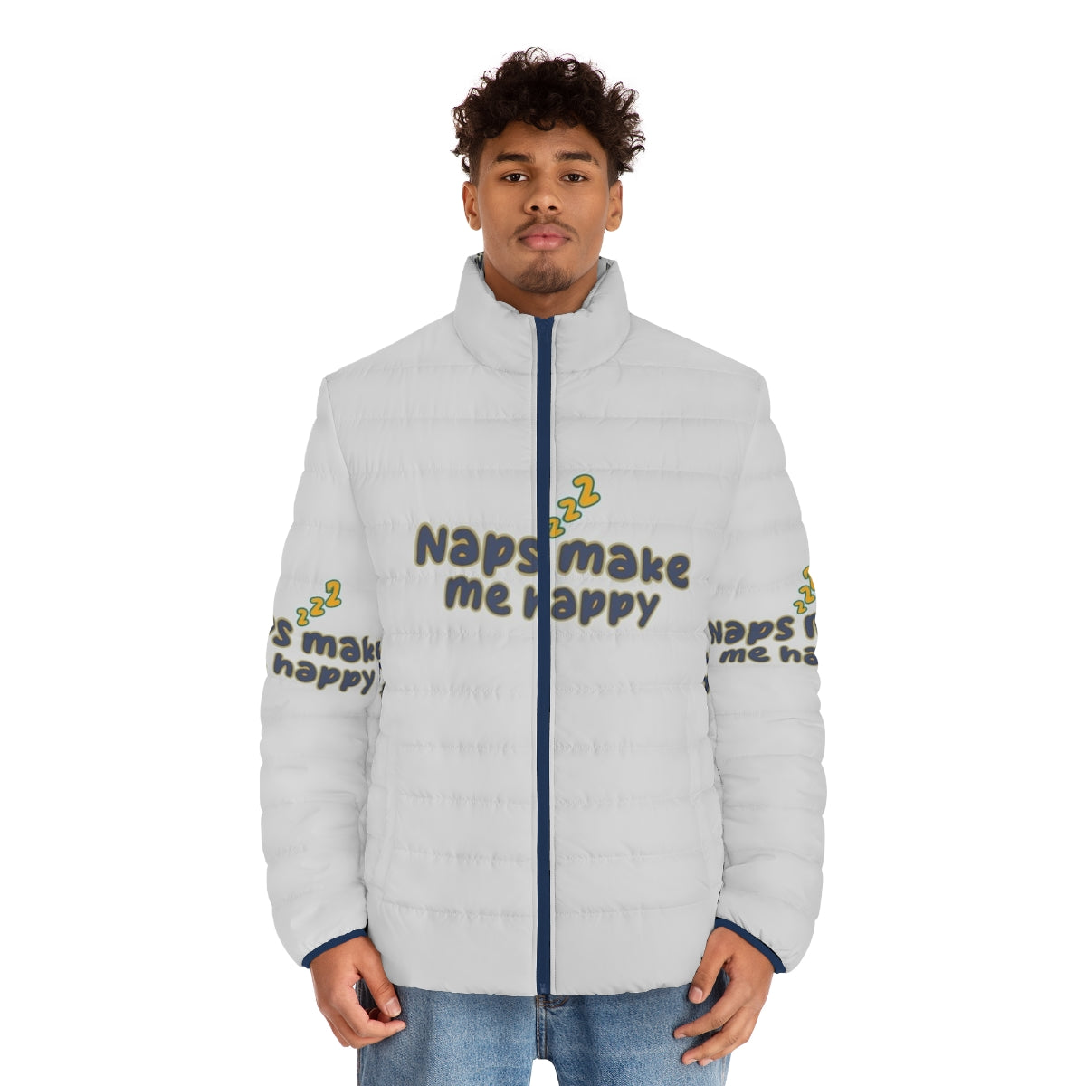 Comfortable puffer jacket featuring "Sorry I Was Sleeping, Naps Fix Everything" design - men front