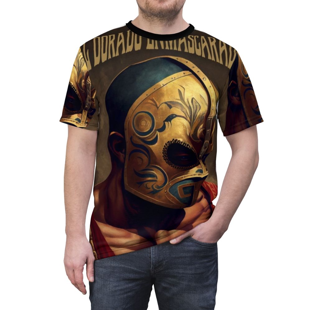 Masked wrestler t-shirt featuring a fighter in a wrestling mask - men front