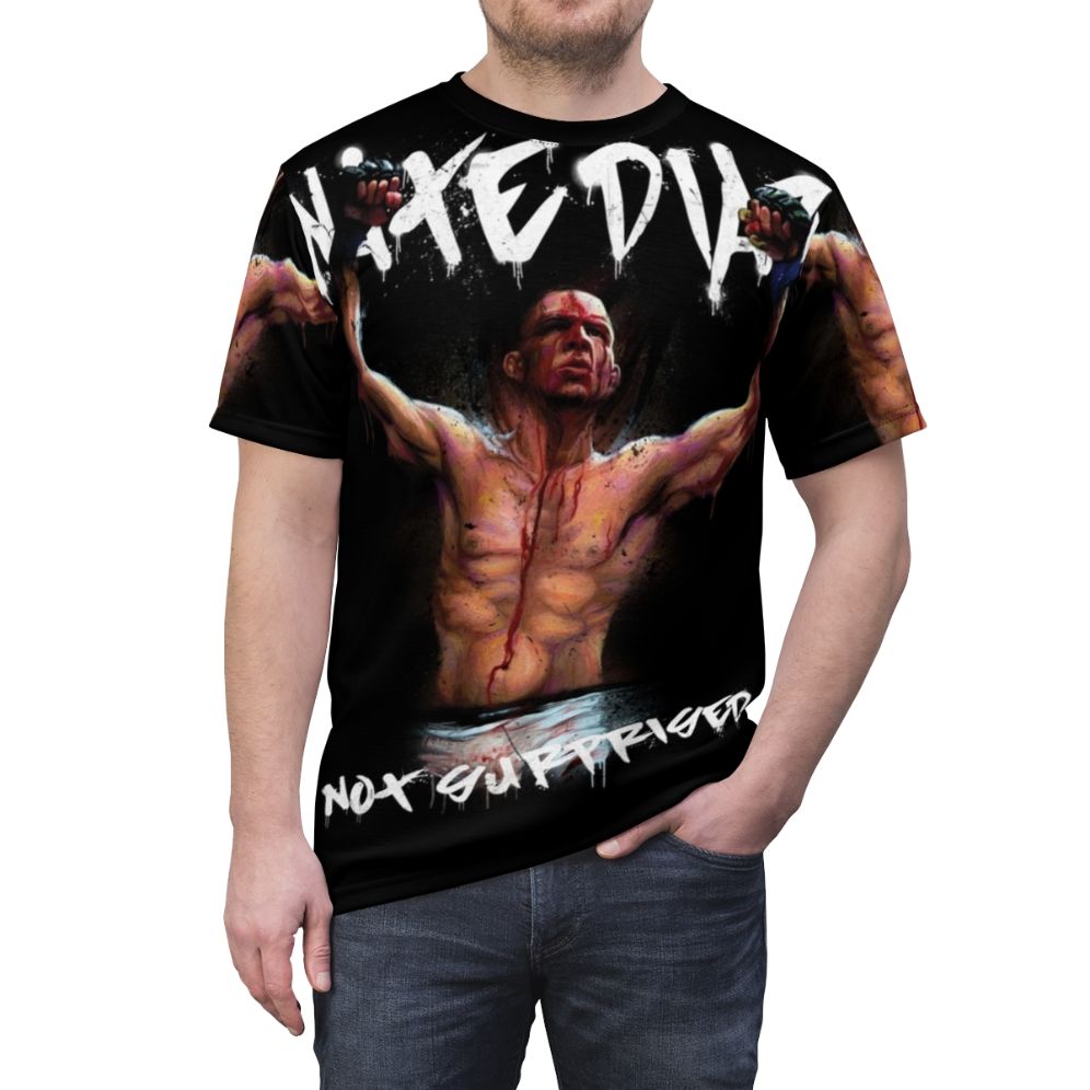 Nate Diaz inspired AOP t-shirt featuring the Diaz brothers and combat sports imagery - men front