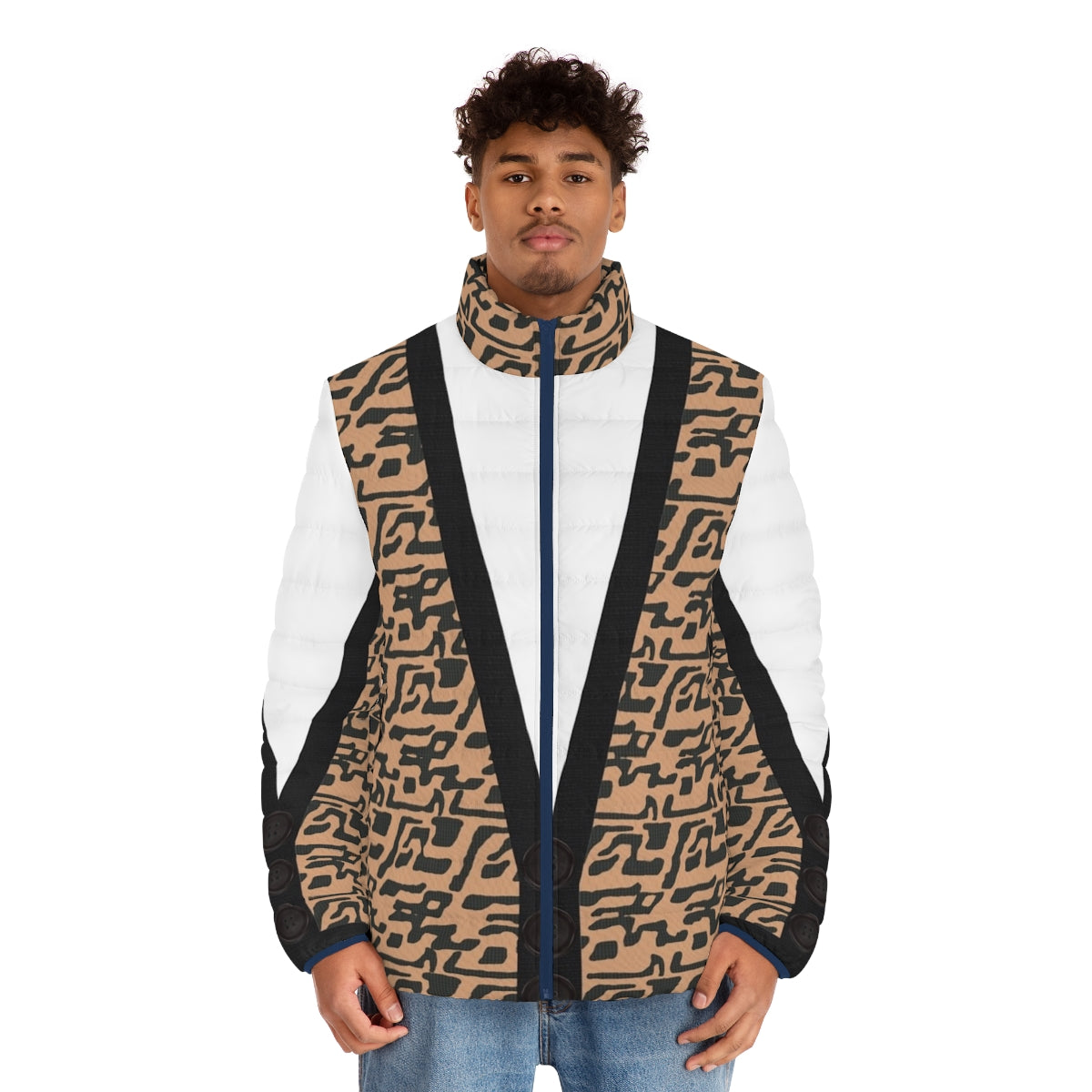 Retro Ferris Bueller inspired puffer jacket with 80s movie fashion style - men front