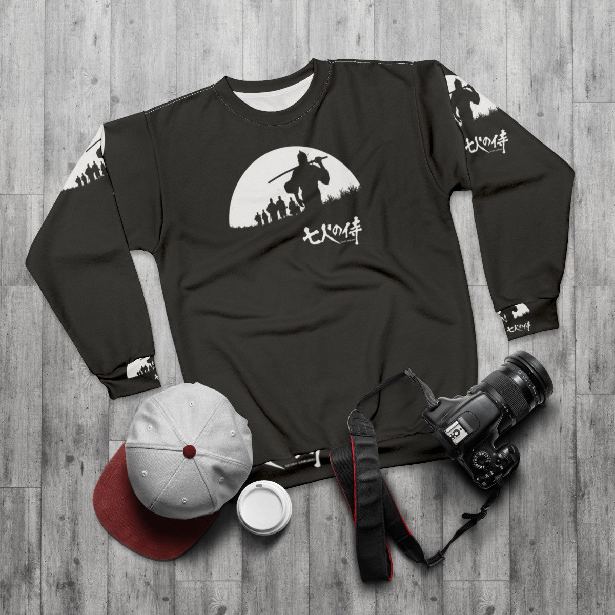 Samurai silhouette against a full moon, Japanese art and anime inspired sweatshirt - flat lay