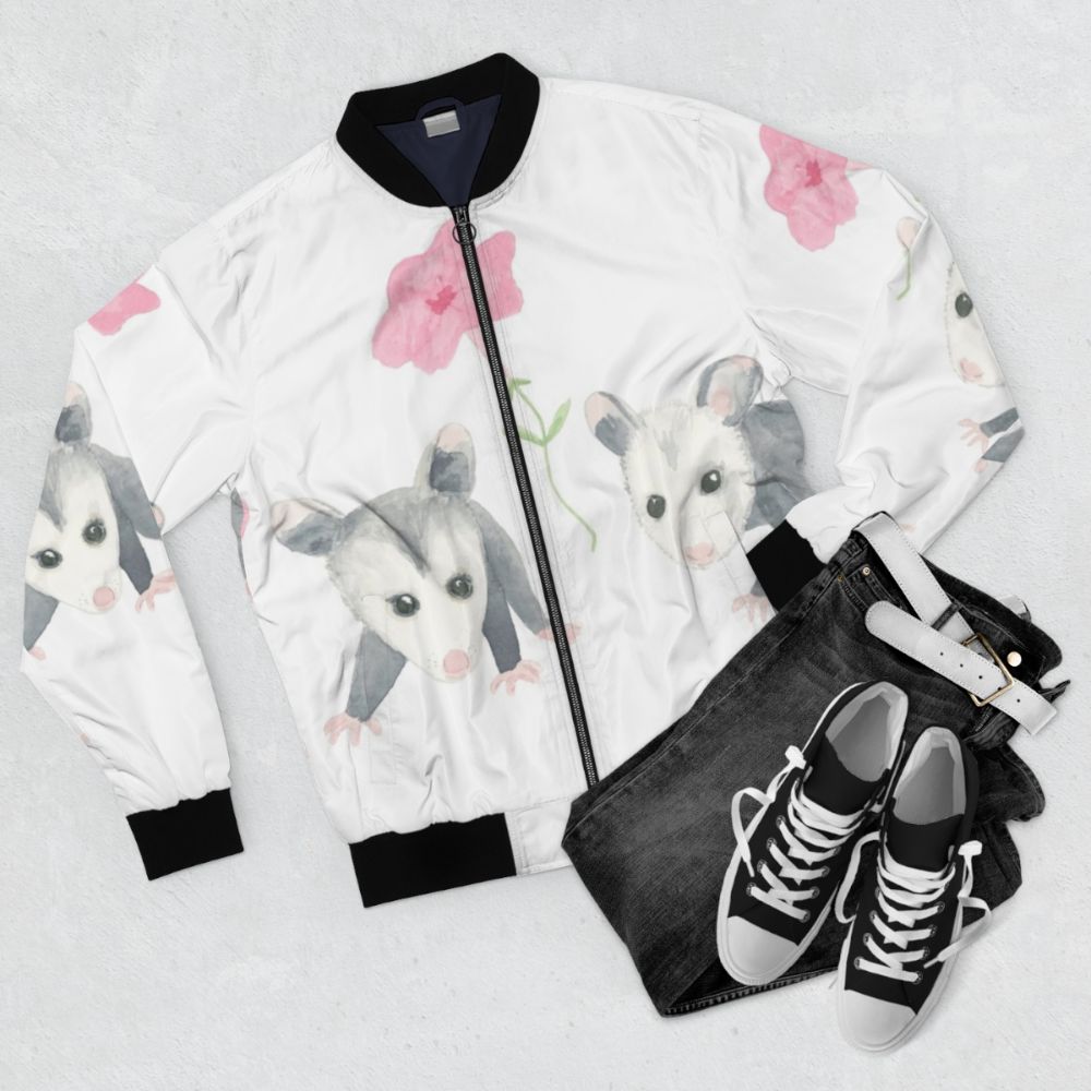 Bomber jacket with a cute baby opossum and pink petunias design - Flat lay