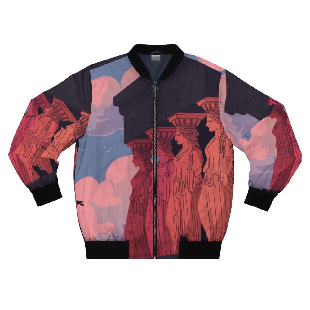 Bomber jacket featuring a landscape design with caryatids, ancient Greek architectural elements, against a dusk sky background