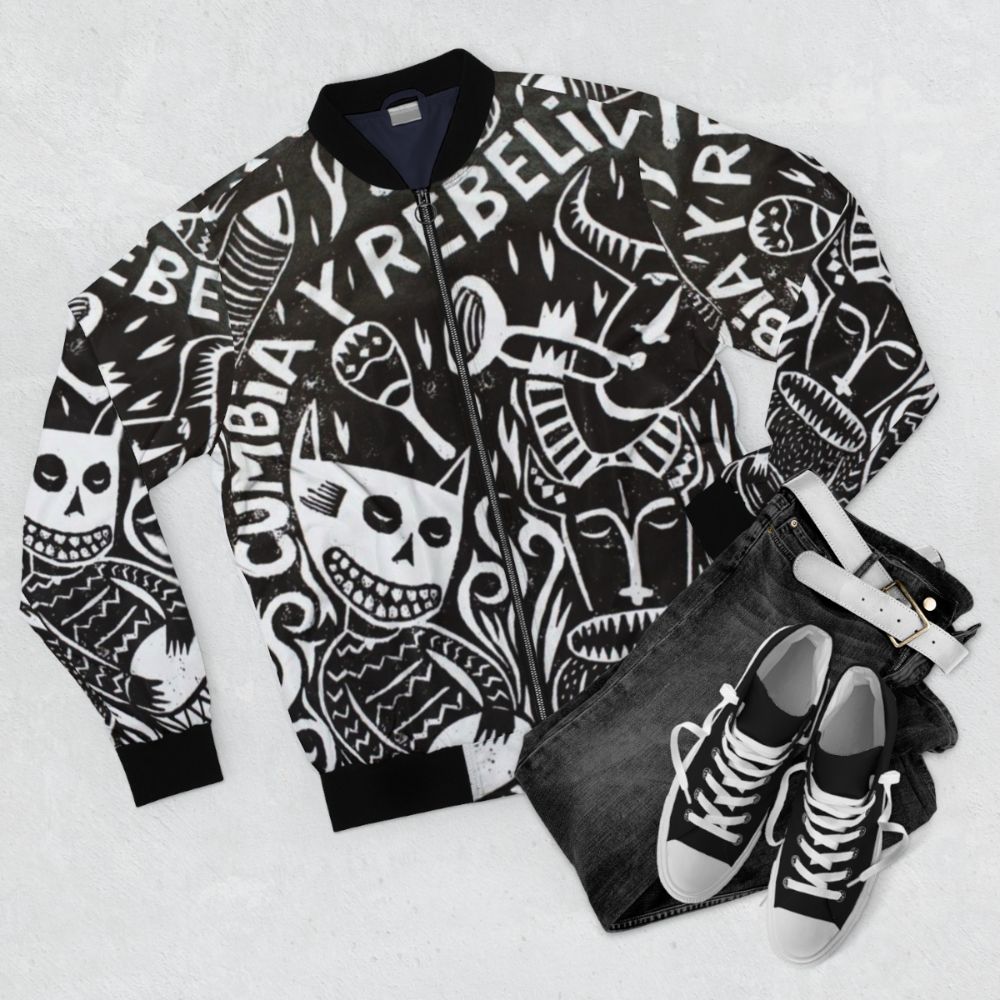 Latin American-inspired bomber jacket with music and cultural elements - Flat lay