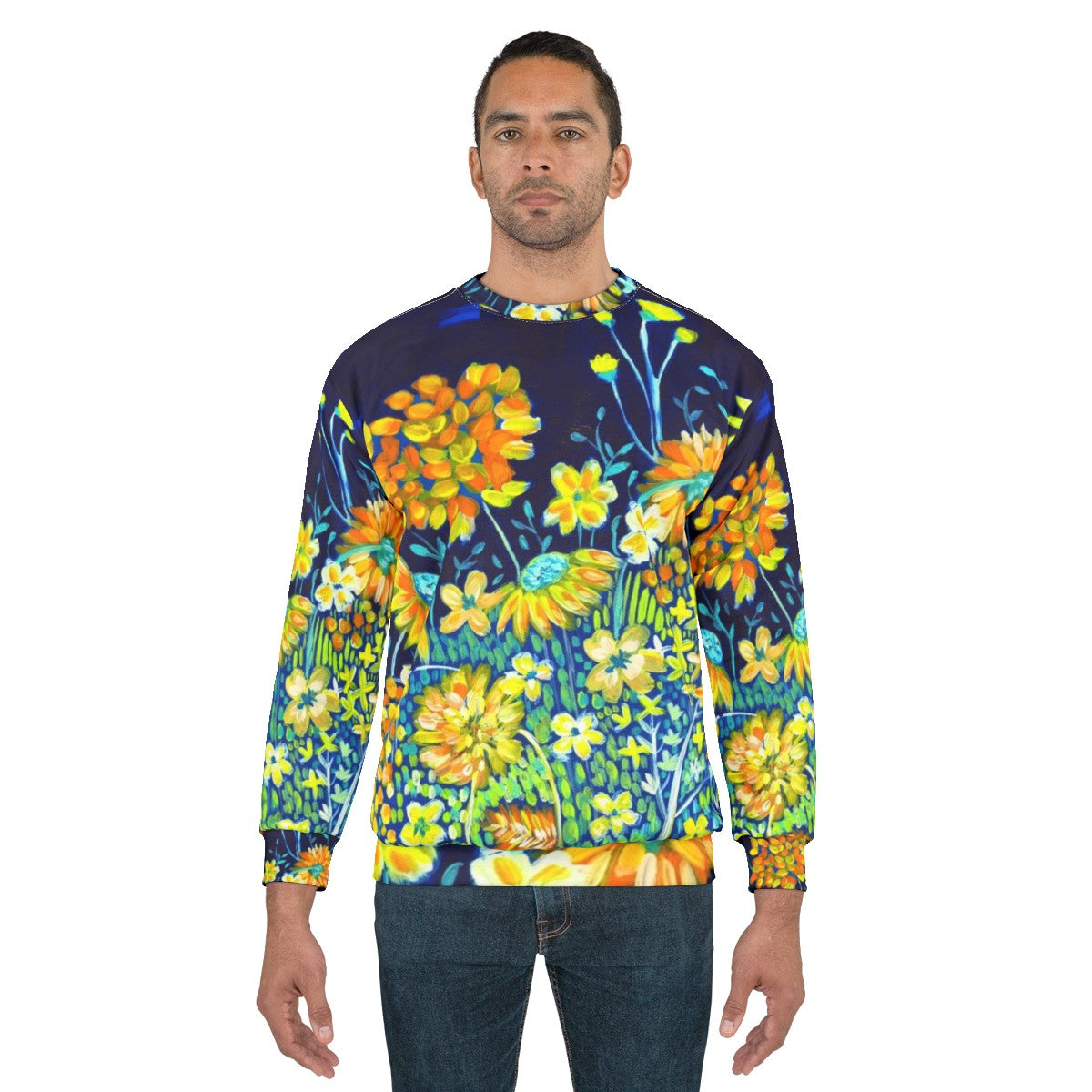 Vibrant spring night floral sweatshirt with indigo blue and yellow daisies - men