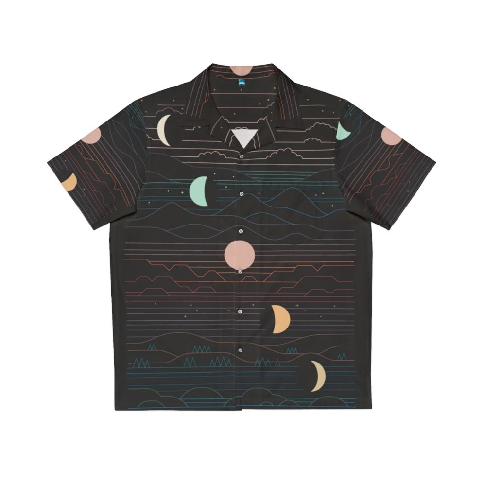 Celestial Moon Hawaiian Shirt with crescent moon, stars, and nature-inspired landscape