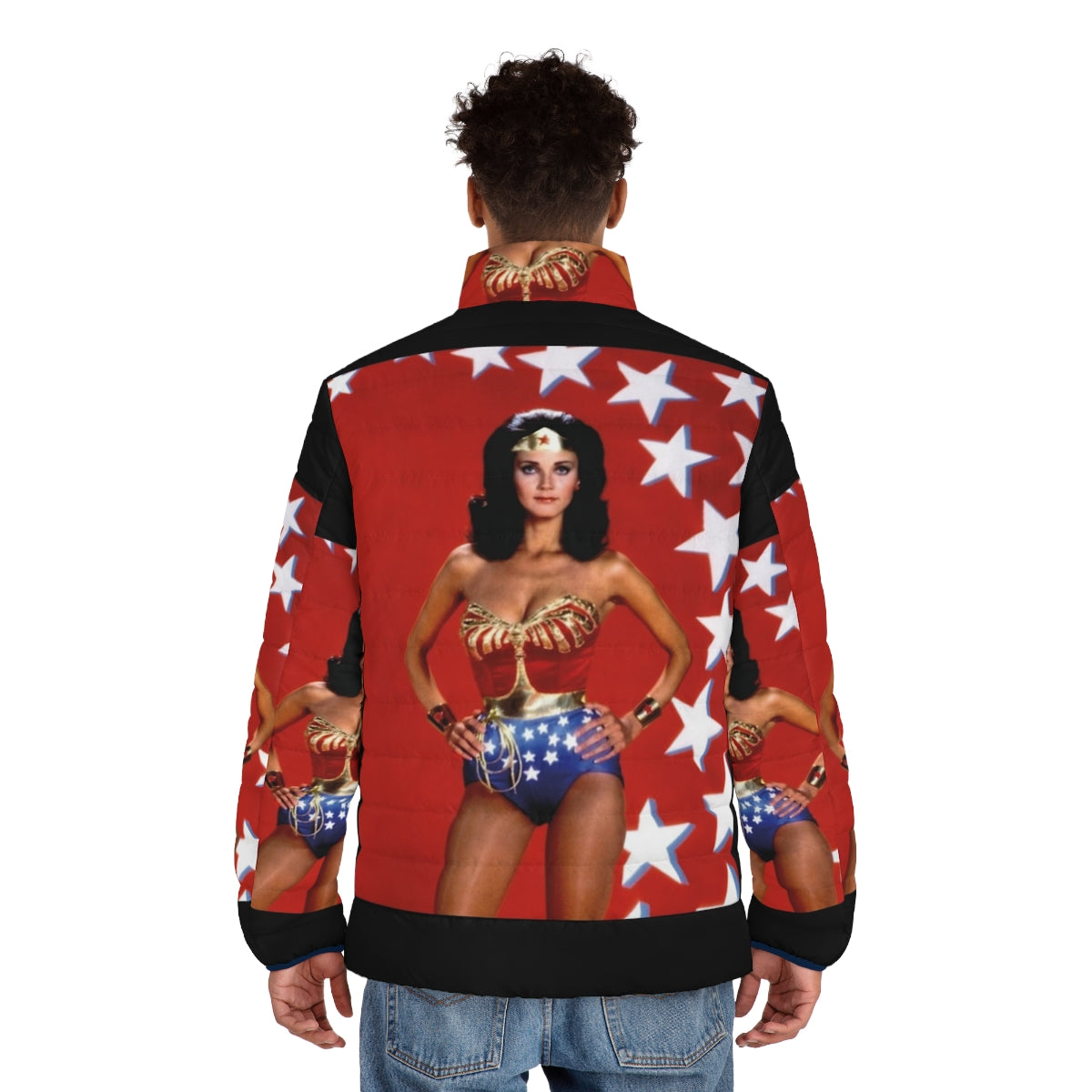 Vintage Lynda Carter Puffer Jacket featuring the retro 70s 80s film icon - men back