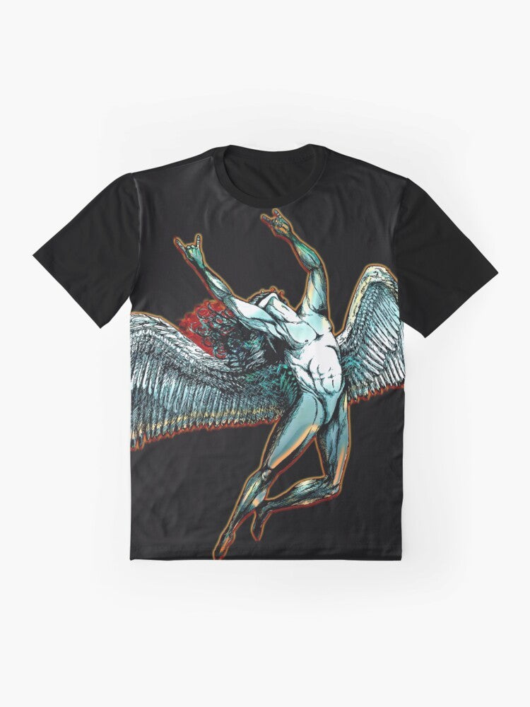 Graphic t-shirt design featuring Icarus from Greek mythology throwing the heavy metal 'horns' gesture against a dark, abstract background. - Flat lay