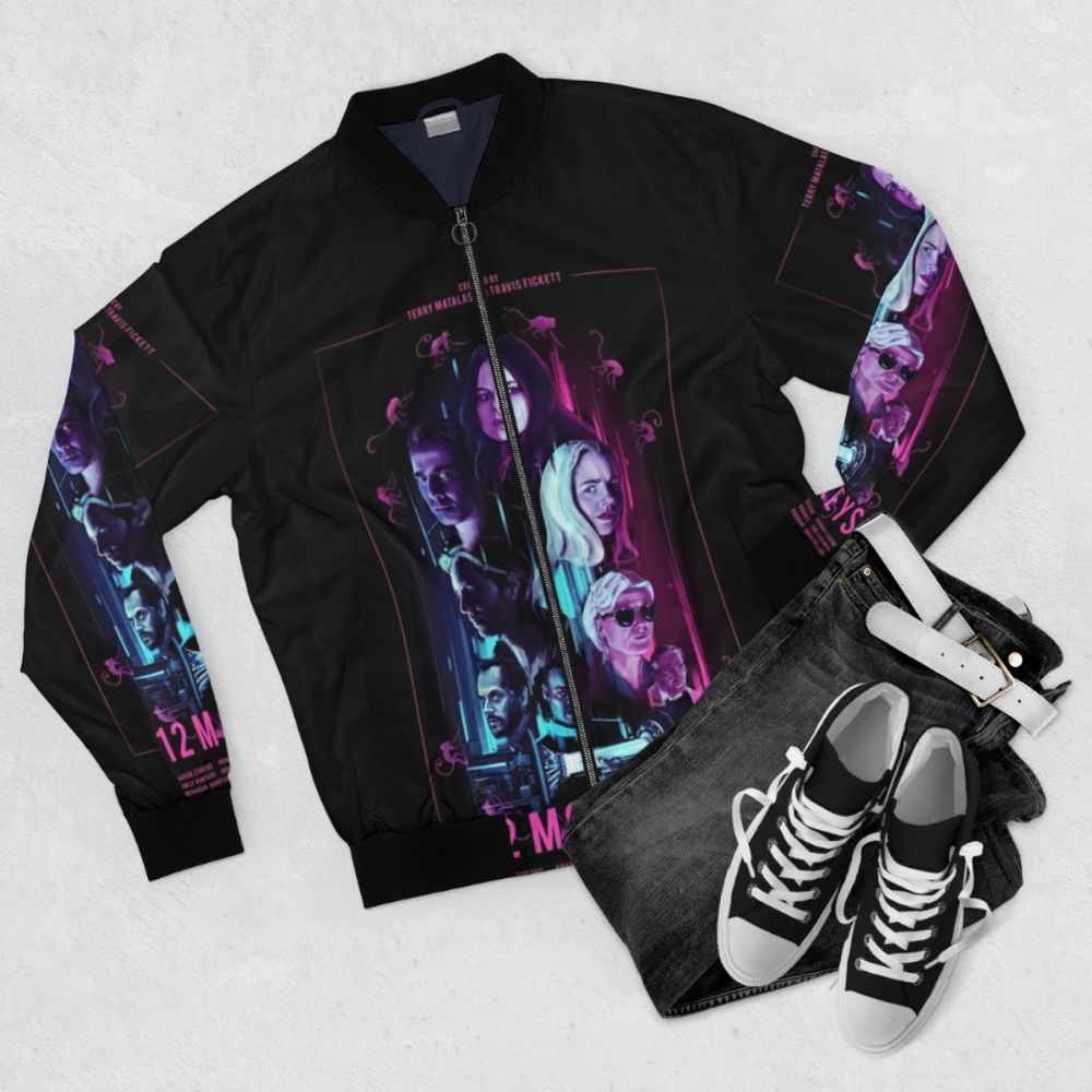 12 Monkeys movie-inspired bomber jacket featuring a bold design and distressed look - Flat lay