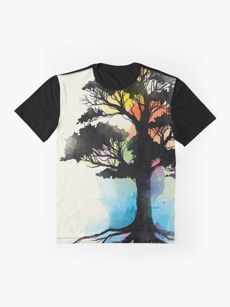 Natural Source Graphic T-Shirt featuring a watercolor-inspired nature design with trees and elements - Flat lay