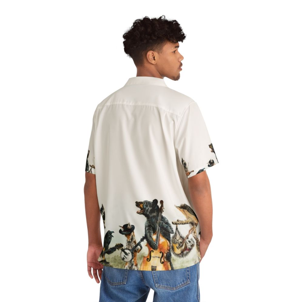 Bluegrass Gang Wildlife Hawaiian Shirt featuring a watercolor mountain landscape with animals - People Back