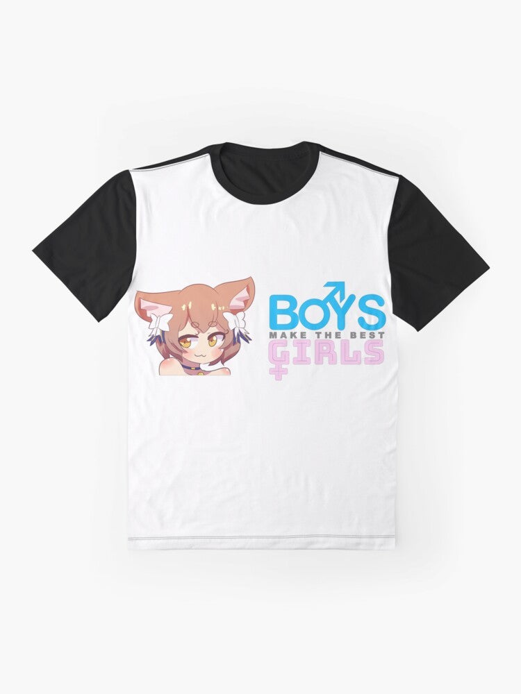 Anime-inspired graphic t-shirt with a "trap" theme, featuring a crossdressing character. - Flat lay