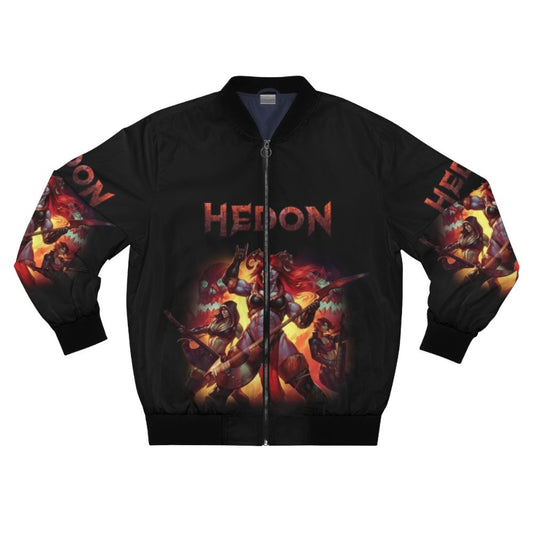 Retro fantasy HEDON bomber jacket with demon horns, featuring a striking orange and black design with skull and metal elements.