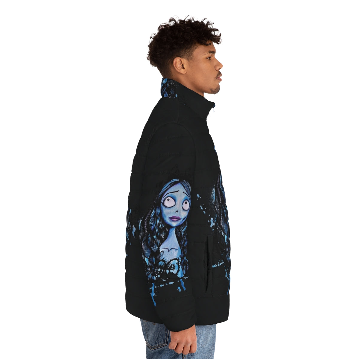 Watercolor Corpse Bride Puffer Jacket featuring the beloved character Emily from Tim Burton's classic animation - men side right