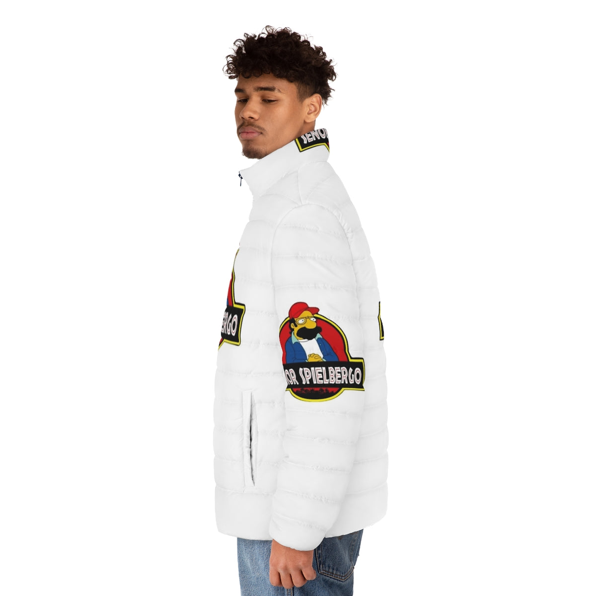 Mr Spielbergo Puffer Jacket, a humorous take on classic cartoon characters - men side left