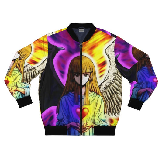 Yu-Gi-Oh inspired "Change of Heart" bomber jacket featuring anime elements and characters.