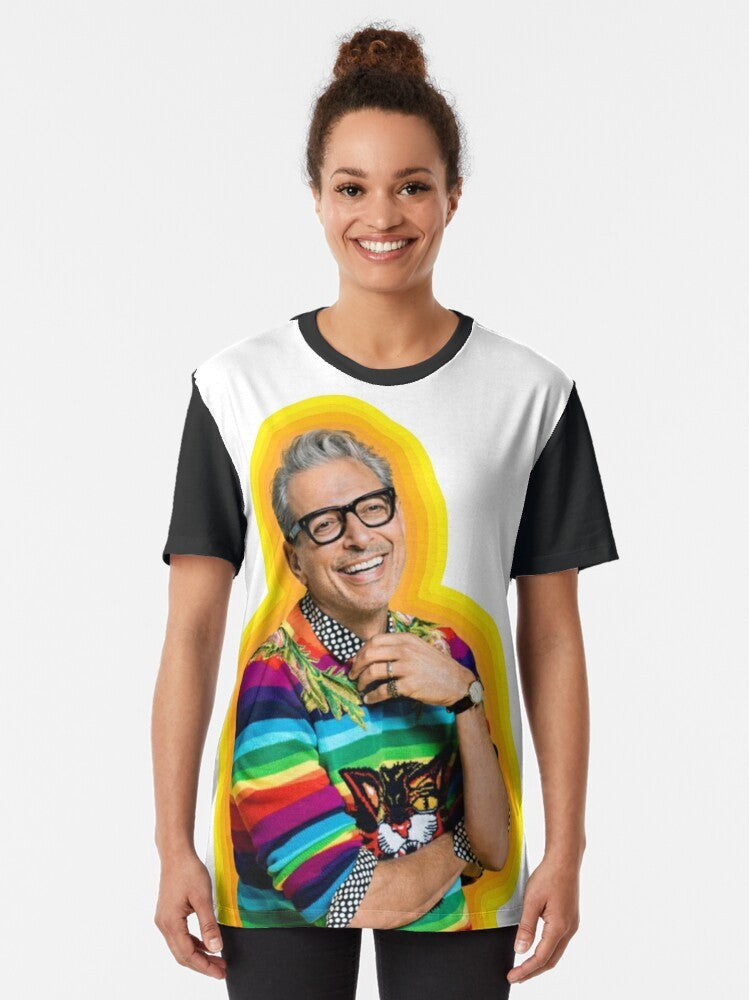 Colorful graphic t-shirt featuring a meme design with Jeff Goldblum and the text "Jeff Goldblum of Happiness" - Women