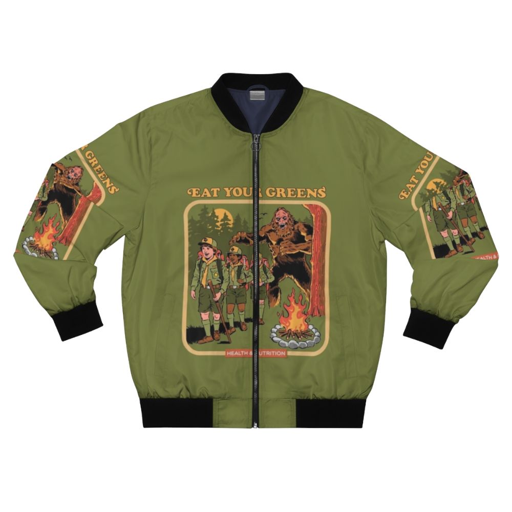 Retro 'Eat Your Greens' bomber jacket with bigfoot, monster, and occult-inspired design