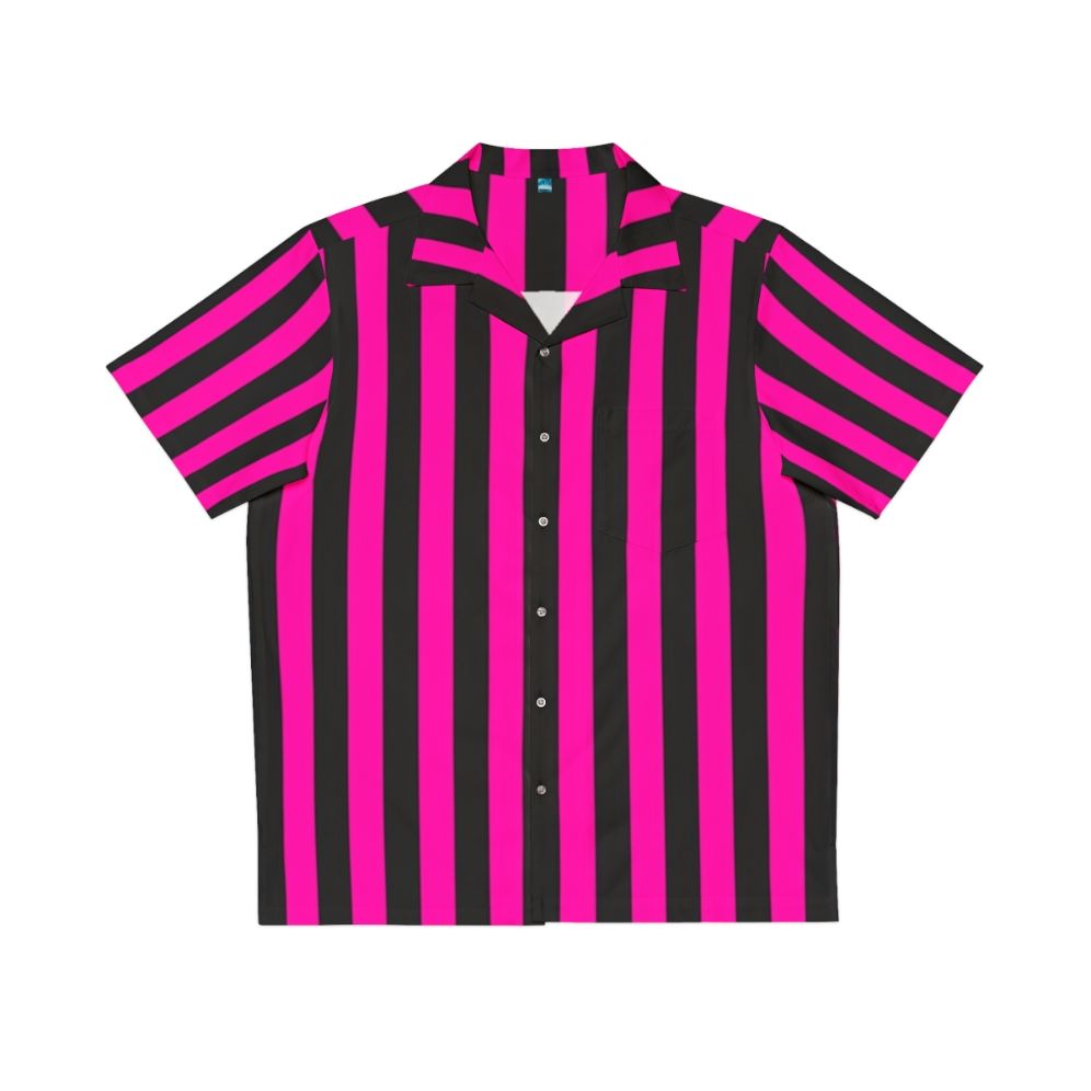 Vibrant pink and black striped Hawaiian shirt