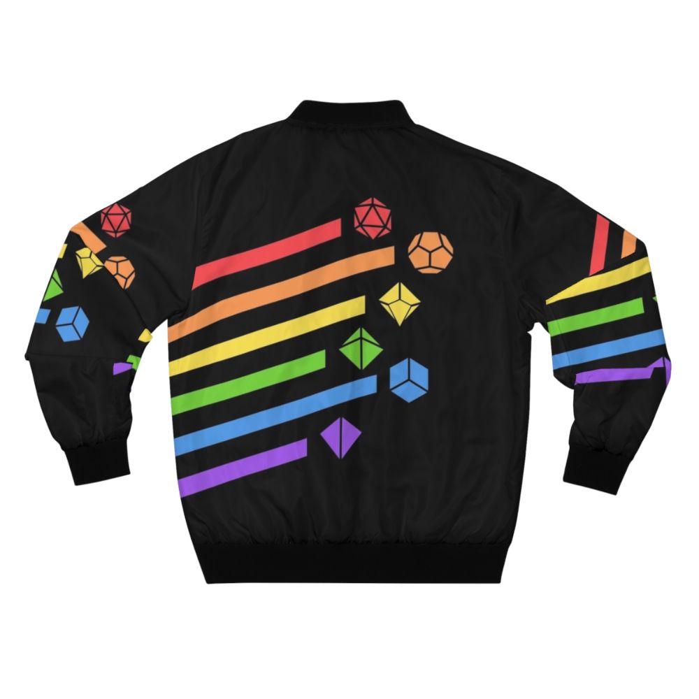 Colorful bomber jacket featuring a design with dice and Dungeons & Dragons elements for tabletop RPG gaming enthusiasts. - Back