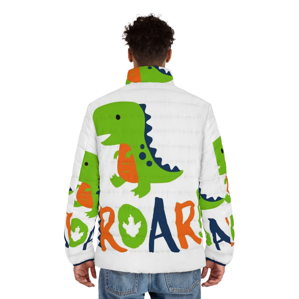 Dinosaur-themed puffer jacket with padded and crinkly design for adult babies and diaper lovers - men back