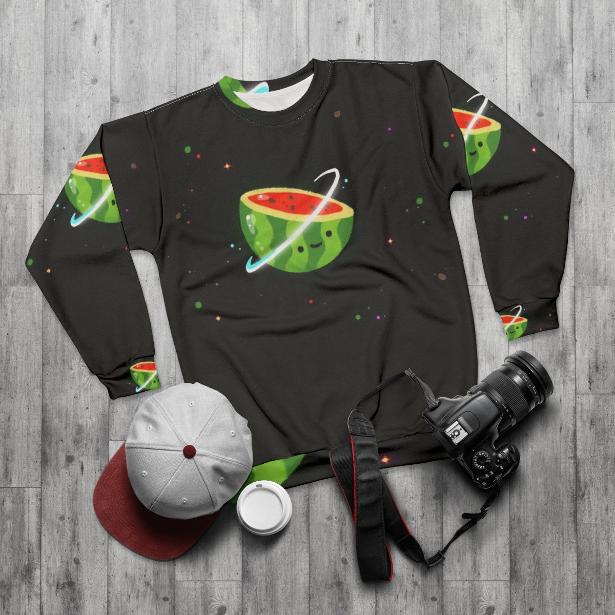 Spacemelon Sweatshirt - Kawaii Watermelon Character in Space Themed Design - flat lay