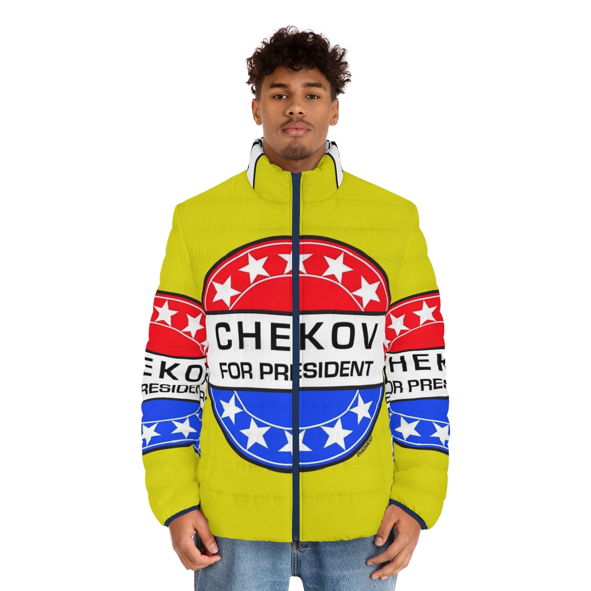 Chekov for President Sci-Fi Puffer Jacket with Star Trek and Pop Art Design - men front