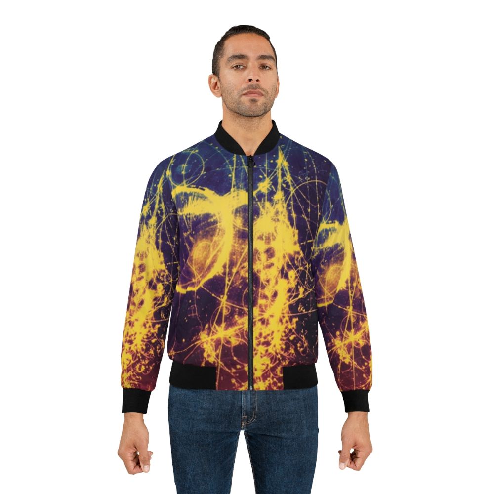 Colorful abstract art inspired bomber jacket featuring physics and particle design - Lifestyle