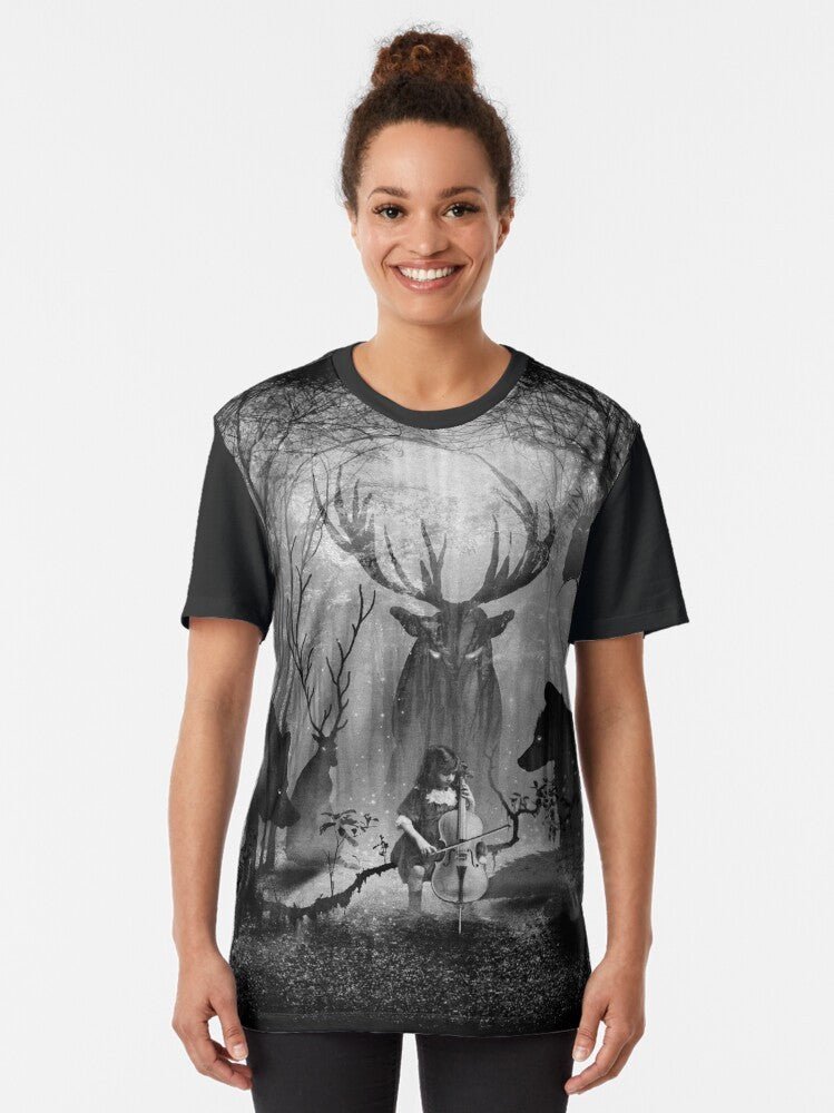 Magical forest scene with cello, fox, wolf, and deer graphic on a t-shirt - Women