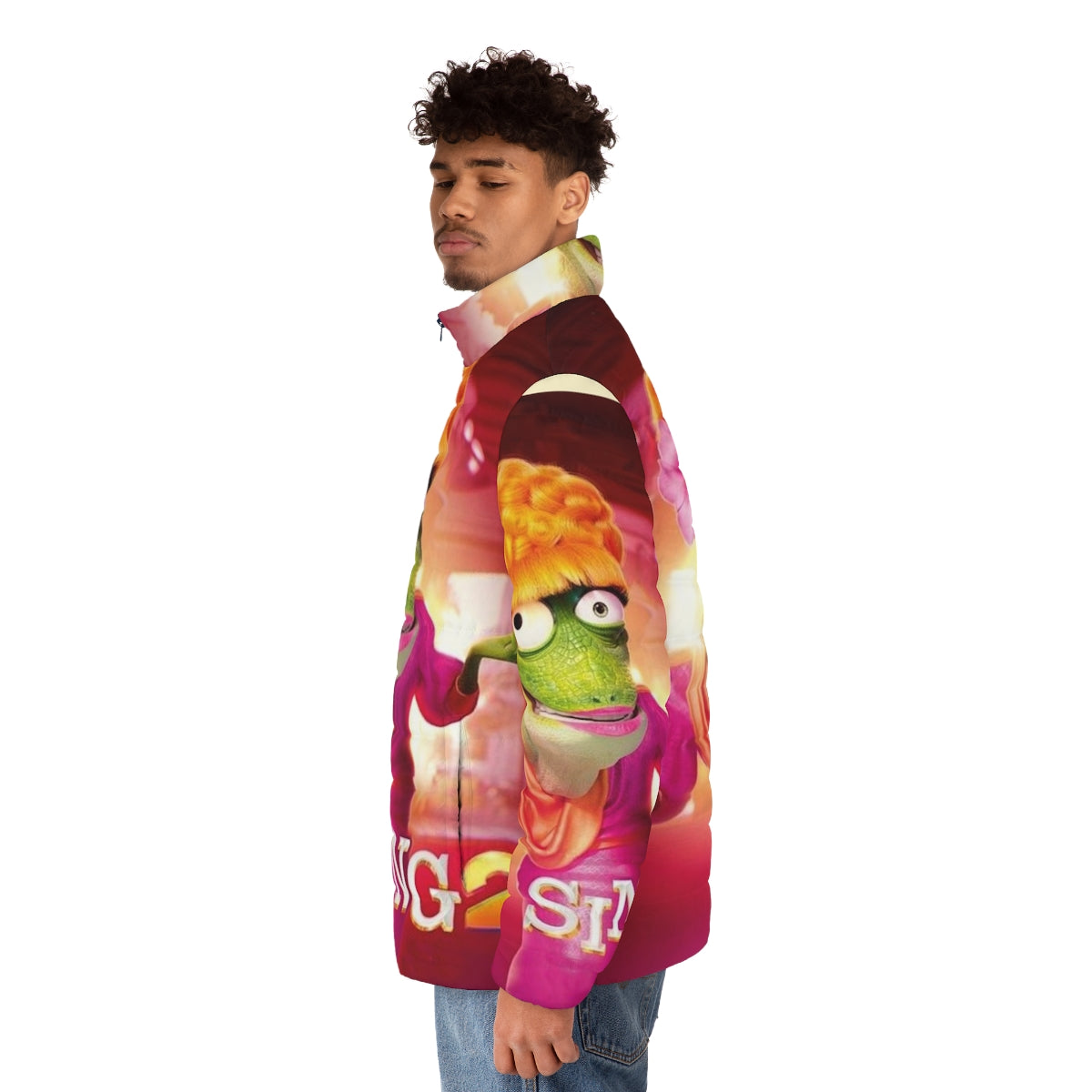 Sing 2 puffer jacket featuring characters from the animated movie - men side left