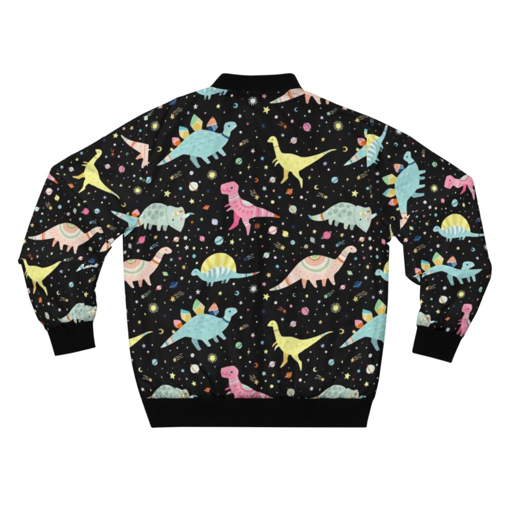 A colorful dinosaur-patterned bomber jacket for kids, featuring T-rex, Apatosaurus, Stegosaurus, and other prehistoric creatures. - Back