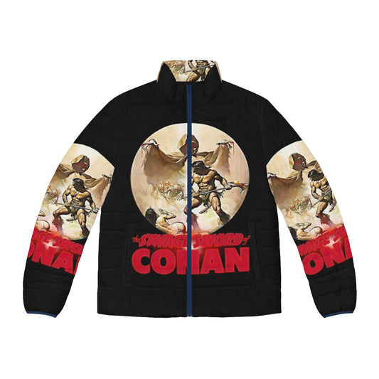 Conan the Barbarian puffer jacket with focus on the sword and sorcery theme