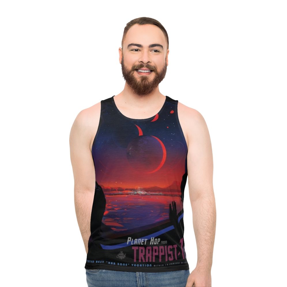 Trappist 1 space travel unisex tank top with vintage NASA and planet design - men