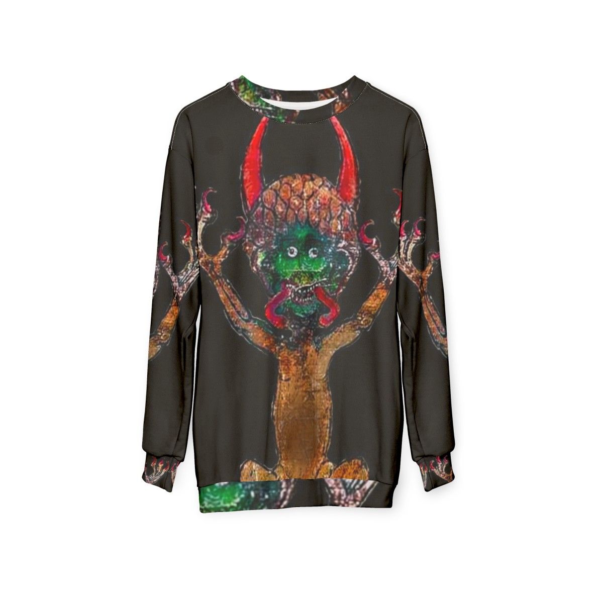 Medieval Codex Gigas Devil Sweatshirt with Mystical Manuscript Imagery - hanging