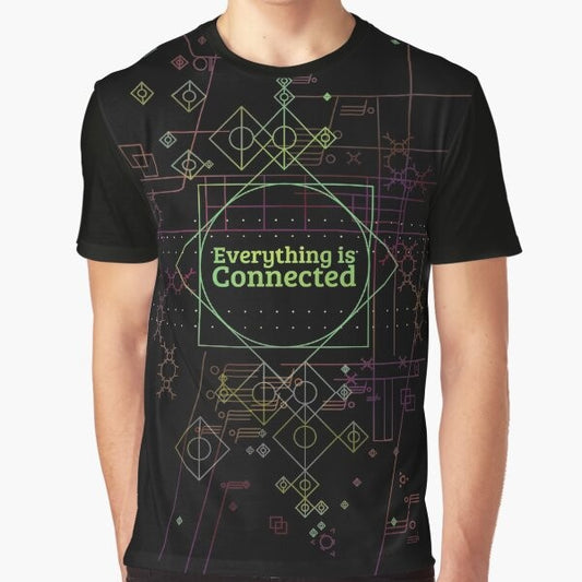 "Dirk Gently's Everything is Connected graphic t-shirt featuring characters and motifs from the Douglas Adams book series and Netflix TV adaptation."