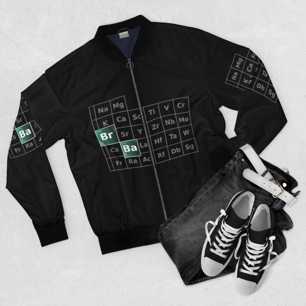 Breaking Bad Periodic Table Bomber Jacket featuring the iconic chemistry symbols and characters from the TV series - Flat lay